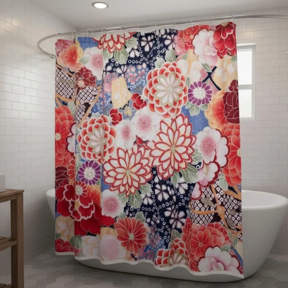 “Antique Japanese Flowers” Pink White Wild Roses Kimono Style Shower Curtain